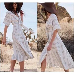 Striped Cream Midi Dress with Tie Front
